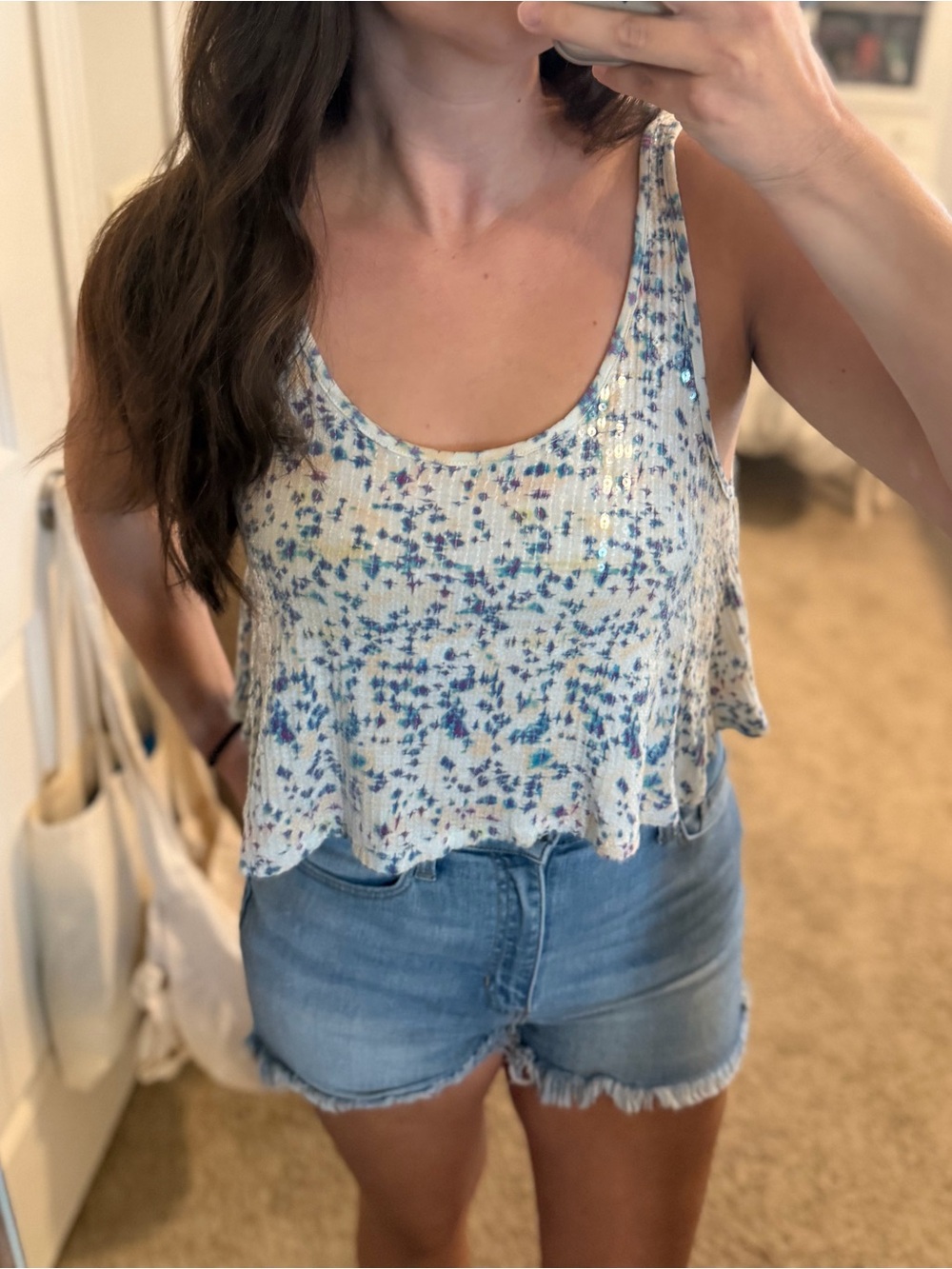Free People White Tank Top with Blue Floral Sequin Print